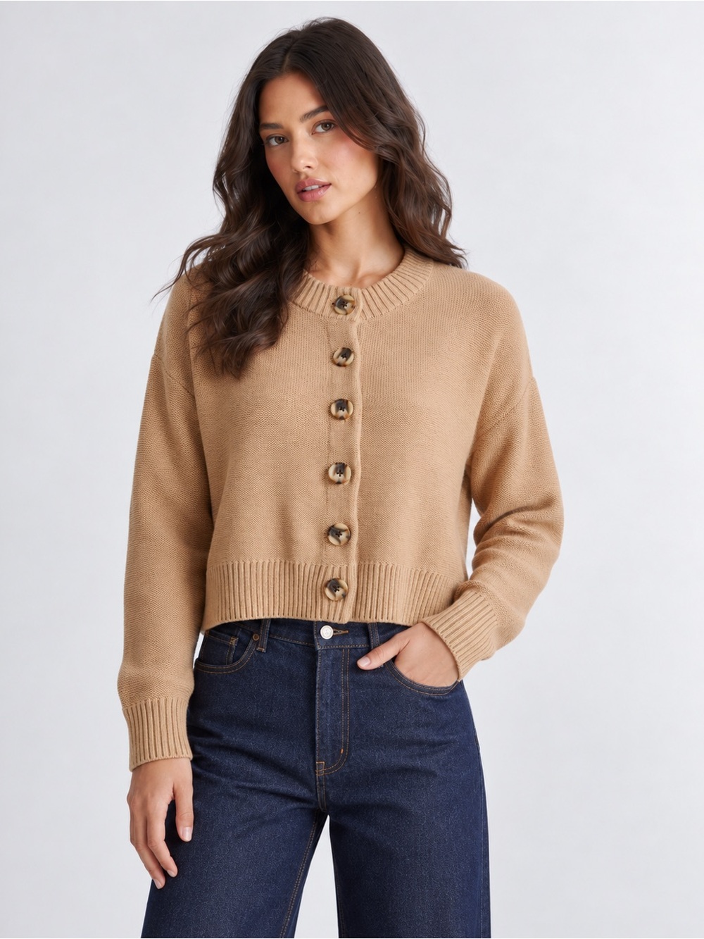Quince 100% Organic Cotton Cropped Button-Front Cardigan Camel Size Medium